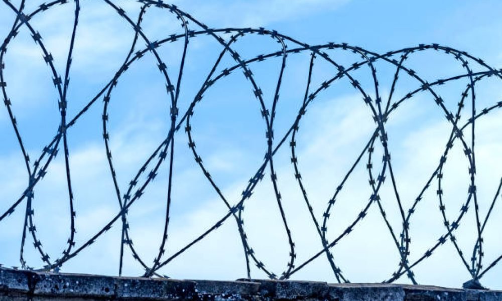 Close Up Of Concertina Razor Barbed Wire Fence On Blue Sky Background. Security And Protection